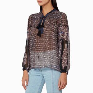 Ulla Johnson Amala Print Silk Double Tassel Sheer Peasant Boho Top 6 Medium